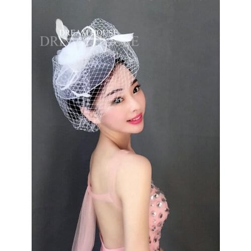 European and American retro bridal headdress feather flower hairpin side gauze yarn hair ornaments black and white Bridal Hats