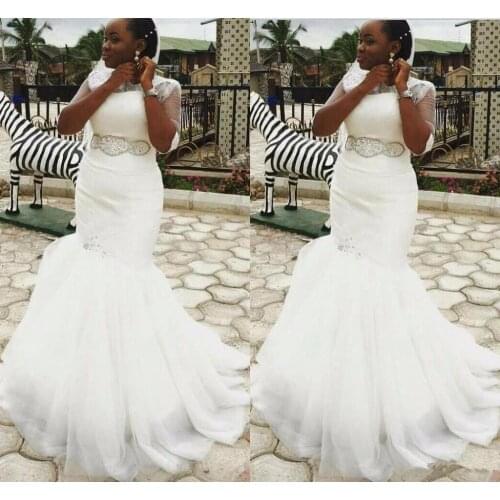 Classic High Neckline Half Sleeves Mermaid Wedding Dresses with Beads Sweep Train Tulle Puffy African Bride Dresses For Women