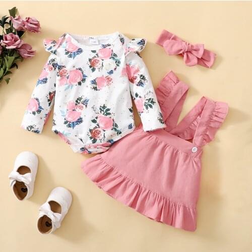 3Pcs Baby Girls Outfit Sweet Style Floral Printing Long Sleeve Round Collar Romper + Lace Suspender Skirt + Headwear Set