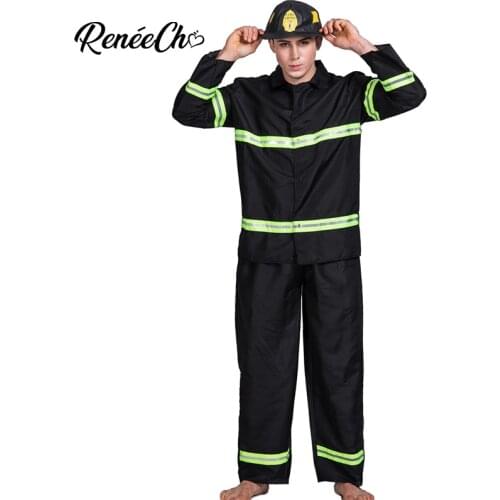 Reneecho Adult Firefighter Costume Black Fireman Costume Fire Captain Uniform Cosplay Halloween Costume For Man Party Cosplay