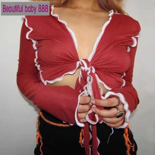 Meqeiss sexy ruffled low cut t-shirt Beach leisure vacationtee crop tops street sexy deep V-neck women Tops Solid color female