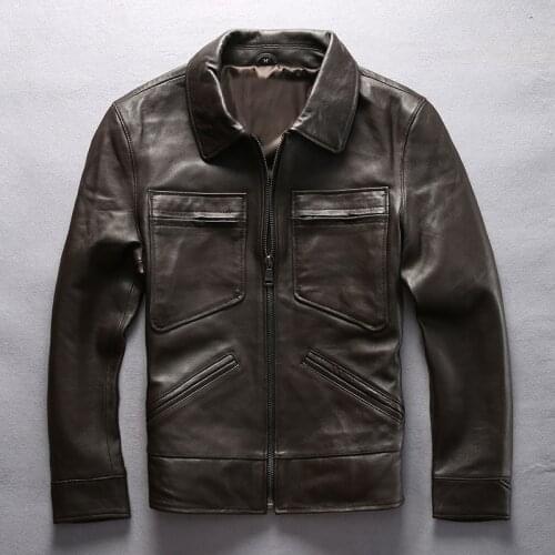 Business style slim fit real leather jacket men brown sheepskin casual leather coat for men four pockets smooth leather jacket