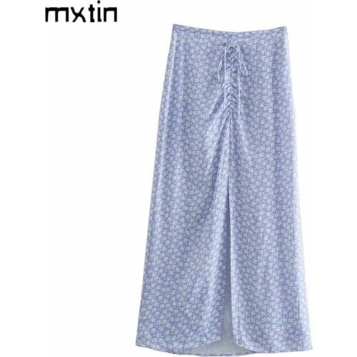 MXTIN 2021 Women Summer Fashion Floral Print Bow Tie Midi Skirt Vintage Split Side Zipper Ladies Skirts Casual Vestidos Mujer