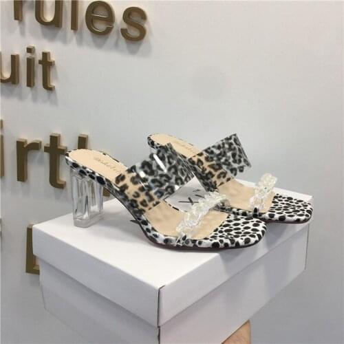 Womans Leopard Print Transparent Crystal Mules Slippers Silver Chain Block High Heels Slip On Sandals Shoes Brands Luxury 2021