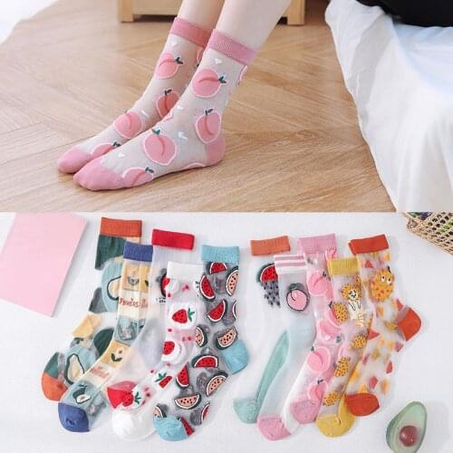Korean Fashion New Summer Thin Crystal Silk Socks for Women Cartoon Print Cute Woman Socks Harajuku Vintage Streetwear Long Sock