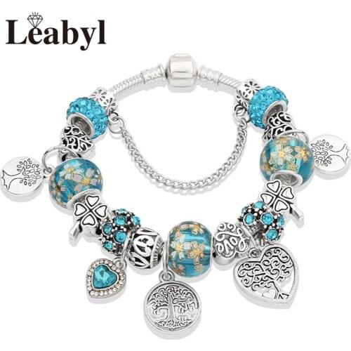 Leabyl New Arrival Blue Crystal DIY Charm Bracelets & Bangles Fashion Gift Silver Color Tree Heart Bead Bracelet Homme