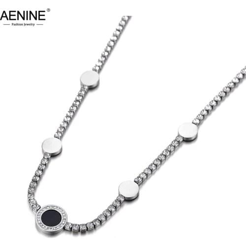 AENINE Sparkling Titanium Stainless Steel CZ Crystal 5Pcs Disc Choker Necklaces For Women Bohemia Rhinestone Necklace AN19192