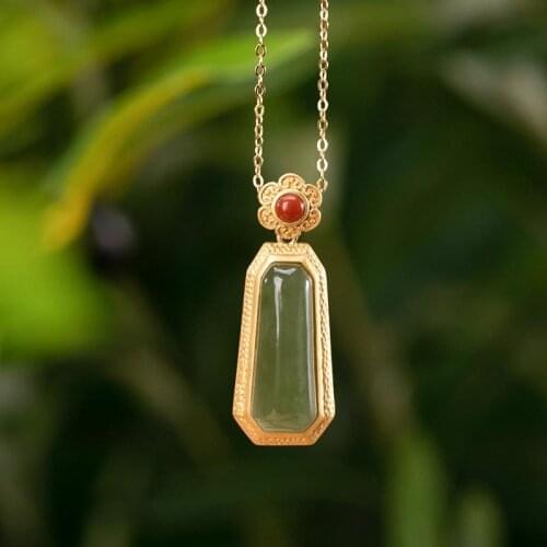 S925 Sterling Silver Necklace Natural Hetian Jade Gray Jade Retro Personality Lucky Pendant Dignified Pendant Set Chain Sweater