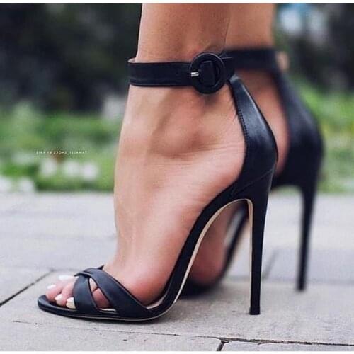 Sexy Black Leather Buckle Strap High Heel Sandals Cut-out Peep Toe Gladiator Sandals Shoes Women Stiletto Heels Drop Ship