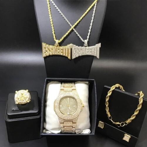 Luxury Men Gold Color Watch & Neckalce & Braclete & Ring &Earrings Combo Set Ice Out Cuban Crystal Miami Necklace Chain For Men