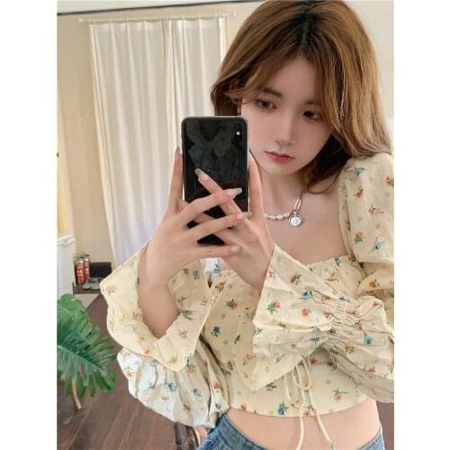 Shirt womens design sense niche French floral square collar long sleeve shirt 2021 early autumn new sexy short top