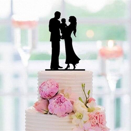 Family Silhouette Cake Topper Mom and Dad with a Baby ,Bride and Groom Wedding Cake Topper Anniversary Decoration