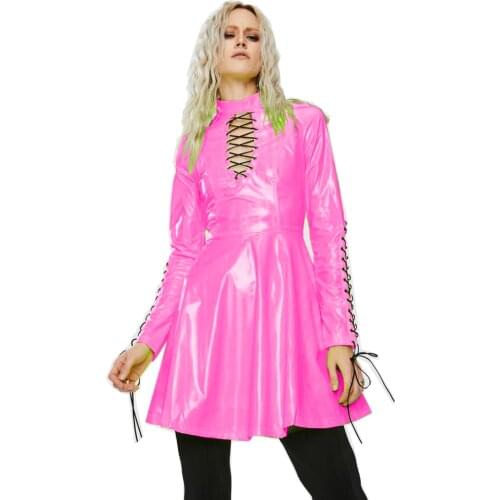 Vintage Punk Dress Women PVC Long Sleeve Gothic Dress Vinyl Hollow Out Tie Up A-Line Dress High Waist treetwear Party Dress