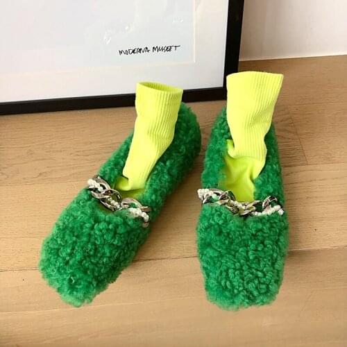 MEZEREON Women‘s Ballet Flats Green Color Fur Flat Shoes With Pearls Round Toe Slip On Warm Winter Shoe Low Heel Chaussure Femme