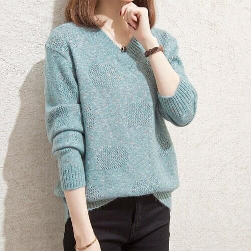 Korean Version Fashion V-neck Knitted Sweater Tops Fall/winter Bottoming Womens Low-neck Loose Long Sleeve Vetement Femme 2021