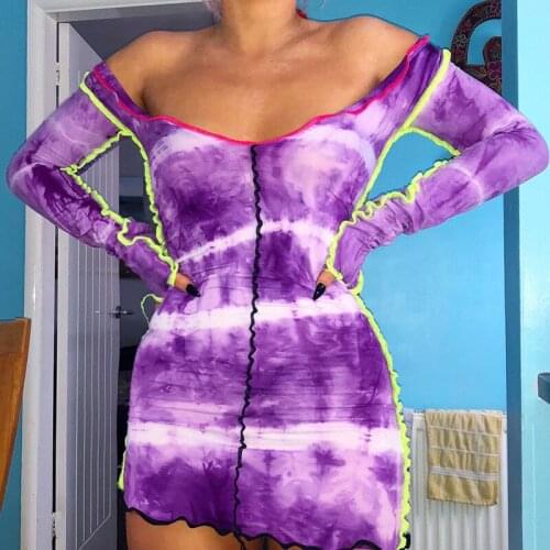 Women Tie-dye Printed Long Short Sleeve Dress Sexy Off Shoulder Bodycon Pencil One-Piece Tight Top with Finger Buckle for Autumn