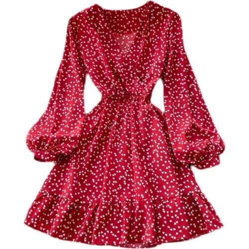 New Spring Autumn Women Sexy V-Neck Puff Sleeve Slim Mini Dress Sweet Love Pattern Print Vacation Dress