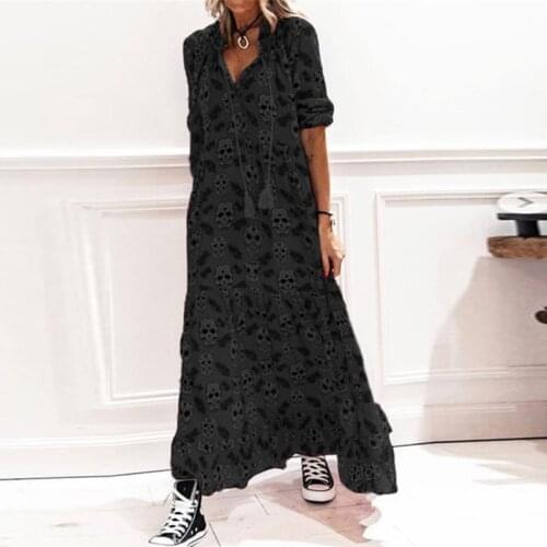 Summer Fashion Retro Skull Printed Women Party Dress Spring V Neck Long Sleeve A-Line Ladies Dress Drawstring Tassel Loose Dress