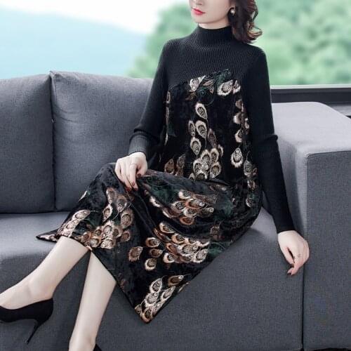 2020 New Autumn Winter Women Slim Knitted Base Dress High Quality Fashion Feather Pattern Print Patchwork Elegant Dress