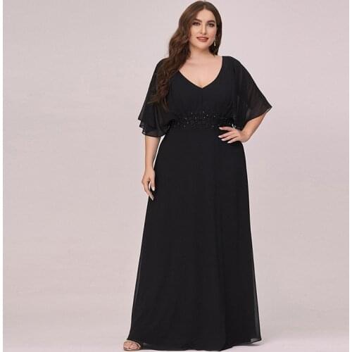 Evening Dress V-Neck Ruffles Short Sleeves Empire Appliques Black A-Line Fashion Floor-Length Plus Size Women Formal Gowns D973
