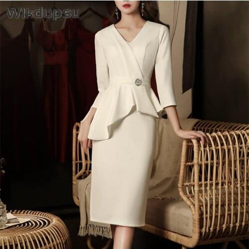 Elegant Vintage Dress Women V Neck Ruffles Designer Spring Autumn Fall Luxury Pencil Dresses Female Office Lady Work Formal Wear