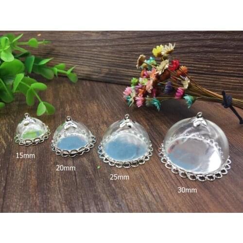 10sets 15/20/25/30mm half round glass globes cover with silver plated double lace edge base tray vial pendants jewelry finding