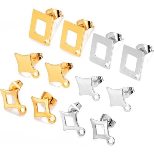 10Pcs/Lot Stainless Steel Hollow Geometric Square Disc Stud Ear Base Earring Connectors Jewelry Making Findings Not Allergic