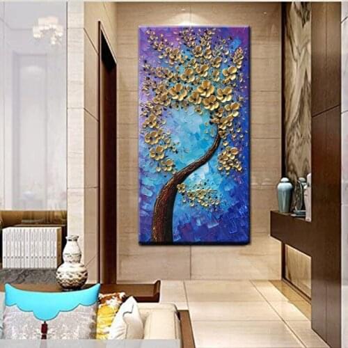 3D Hand Painted Oil Painting Textured On Canvas Wall Art Golden Rich Tree Flower Plant Poster and Pictures For Living Room Decor