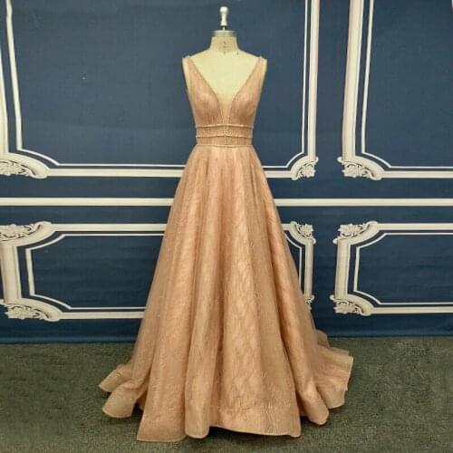 Deep V Neck Open Back A Line Glitter Lace Rose Gold Girls Dancing Prom Dress