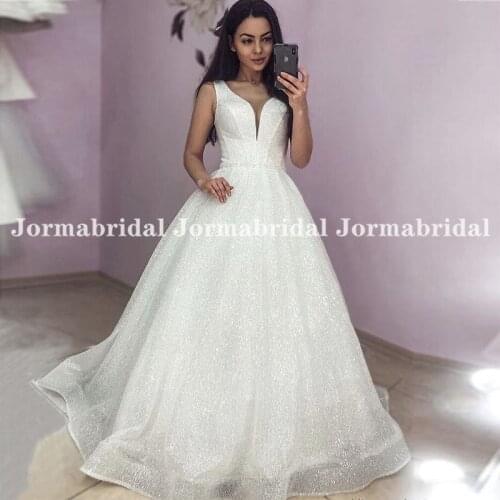 Shiny A-Line Wedding Dress For Bride 2021 Sleeveless V-Neck Glitter Tulle Plus Size Formal Dress Bridal Gowns Vestidos De Novia