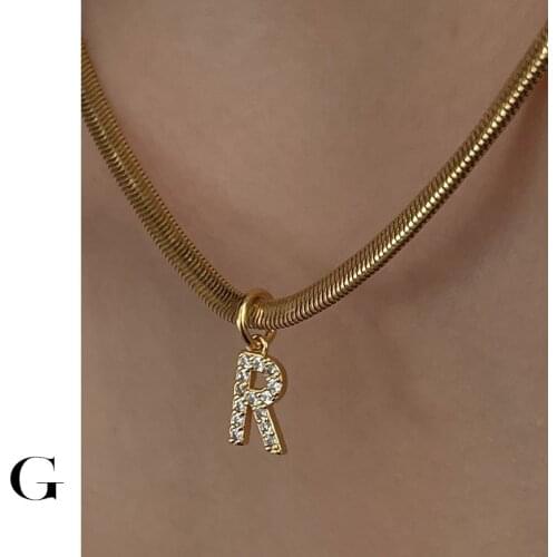 GHIDBK Wholesale Minimalist Alphabet A-Z Cubic Zirconia Charms Blade Chain Chokers Women Initials Letters Snake Chain Neckalces