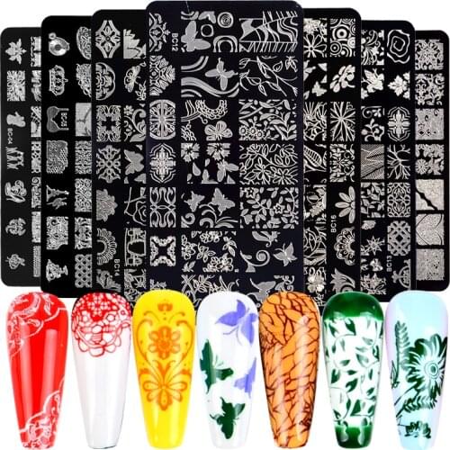 LCJ Animal Image Stamp Plates Stripe Grid Mixed Pattern Nail Stamping Templates Stencil Flower Printing Tool