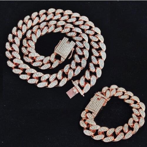 2pcs Kit Hip Hop 20MM Full Heavy Iced Out Paved Rhinestone CZ Miami Curb Cuban Chain Rapper Bracelet Necklaces For Men Jewelry