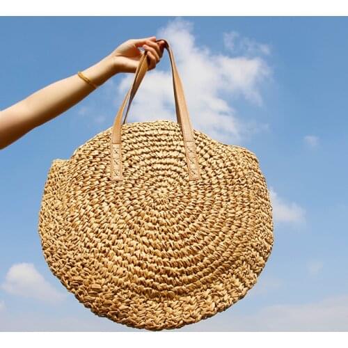 Round Straw Beach Bag Vintage Handmade Woven Shoulder Bag Raffia circle Rattan bags Bohemian Summer Vacation Casual Bags