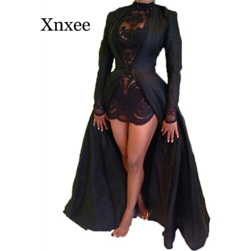 Fashion Sexy Party Lace Dress Two Piece Black Long Sleeve Elegant Vintage Dress Chiffon See Through Dresses Vestidos Black Lace