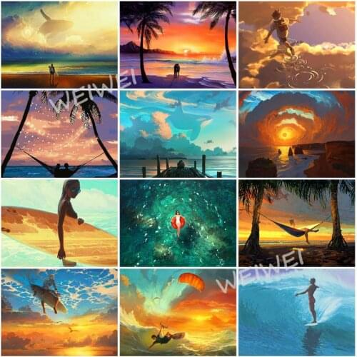 New Arrival 5D Diamond Painting Surfing and Skydiving Beach Sunset Landscape Diamond Embroidery Mosaic Rhinestone Pictures