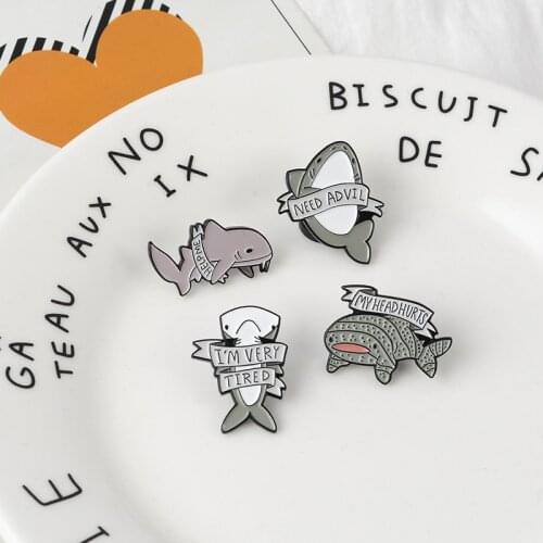 New Arrival I Am Very Tired Depressed Sharks Theme Cute Gray Animal Fish Hard Enamel Pins Backpack Denim Badge For Kids Gifts