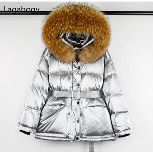 Lagabogy 2021 Glossy Women Winter Duck Down Warm Coat Hooded Parkas Female Loose Puffer Jackets With Belt Large Real Raccoon Fur