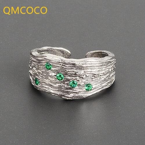 QMCOCO 925 Sterling Silver Charming Irregular Chain Geometric Rings Open Rings For Women Men Green Zircon Party Gift Accessories