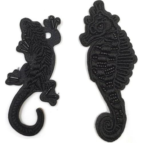 10pcs/lot Luxury Vintage Bead Embroidery Patch Black Seahorse Reptile Gecko Clothing Decoration Iron Heat Transfer Applique