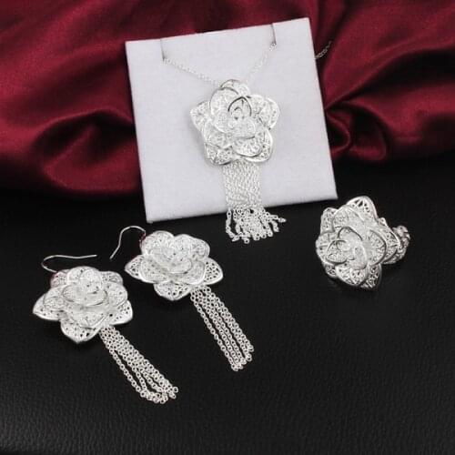 925 sterling Silver earrings necklace rings Jewelry sets for women fine flower 18 inch Fashion Party wedding girl Gift Nice