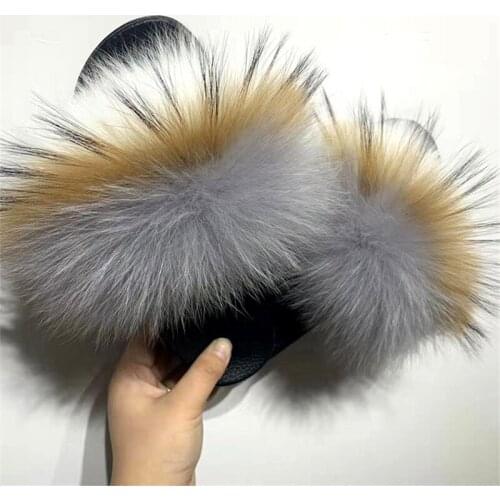 Summer Women Fox Fur Slippers Ladies Home Indoor Plush Shoes Non-Slip Fluffy Raccoon Fur Slides Female Fashion Furry Flip Flops