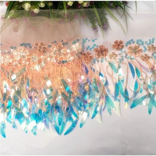 Symphony white flowers embroidered sequin lace trim tree leaf lace clothing Sequined tassel lace accessories