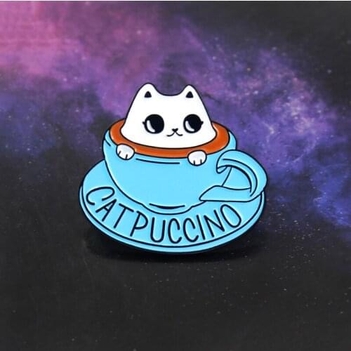 Blue Coffee Cup Kitten Brooch Cute Cat Animal Coffee Cup CAT PUCCINO Enamel Pin Clothes Hat Badge Accessories Friends Kids Gifts
