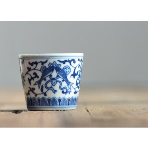 80s old factory goods, blue and white hand-painted tangled branches pattern, double fish cup, tea cup NO.YZ38