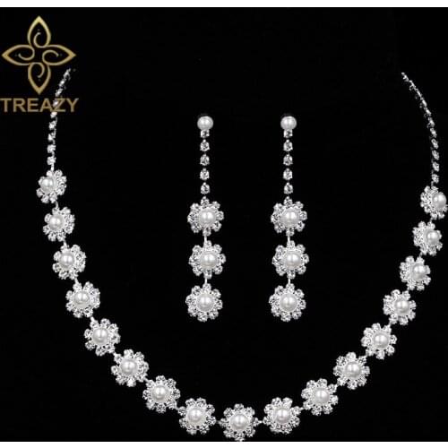 TREAZY Imitation Pearl Crystal Bridal Bridesmaid Wedding Jewelry Sets Choker Necklace Earrings Set for Women Party Jewelry Gifts