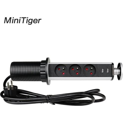 Minitiger French 16A PULL POP UP 3 Power Socket 2 USB Charging Port Kitchen Table Desktop Sockets Retractable Countertops