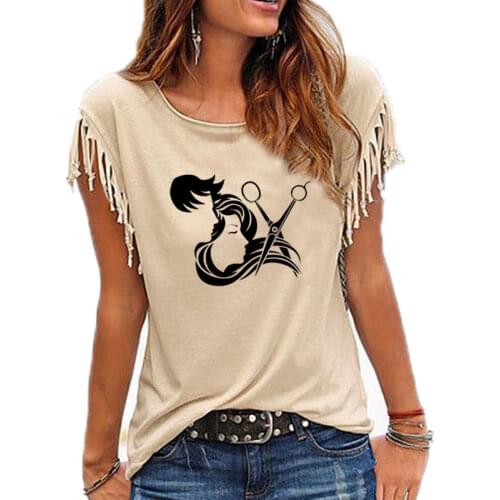 High Quality Hair Salon Stylist Hairdresser Barber print O collar T Shirts Women Cotton Tassel Short Sleeve O-neck T-shirt