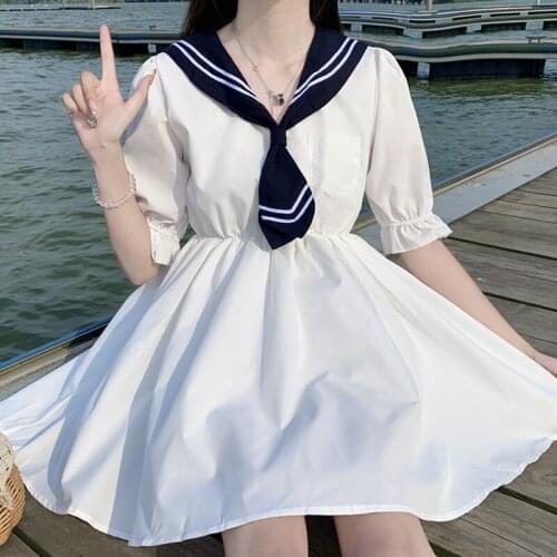 Japanese Soft Girl College Style Jk Dress Vintage Kawaii Navy Collar Short Sleeve Sweet Baby Doll Dress For Women Summer Vestido