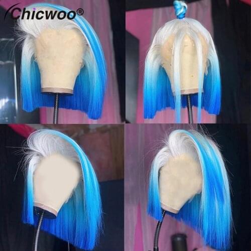 Bob Blue Colored Human Hair Wigs For Women Straight Purple Pink Ombre Lace Front Wig Preplucked Brazilian Remy Blue Bob Wig 180